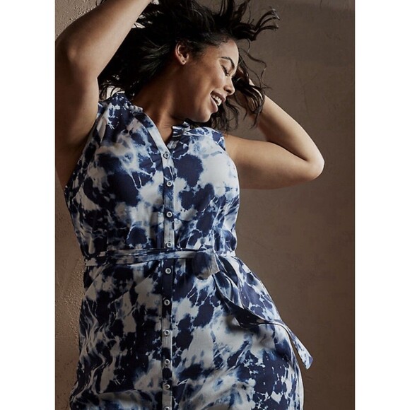 TORRID NAVY TIE-DYE CHALLIS BUTTON FRONT SELF TIE SHIRT DRESS SIZE 4X BY4063 - Picture 1 of 11